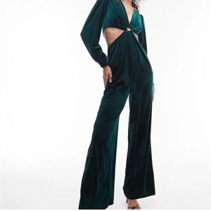Topshop velvet ring detail cut out jumpsuit in bottle green